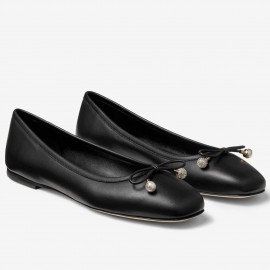 Jimmy Choo Elme Flats In Black Leather with Pearl Embellishment